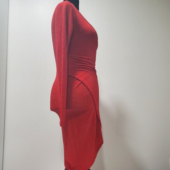 SYMPHONY RED GLITTER GLAMOROUS COCKTAIL WRAP DRESS SIZE M - Picture 7 of 9